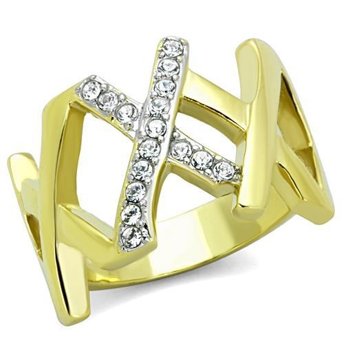 Tk1560 - Two-Tone Ip Gold (Ion Plating) Stainless Steel Ring With Top Grade Crystal In Clear