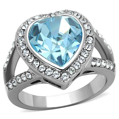 Tk1582 - High Polished (No Plating) Stainless Steel Ring With Top Grade Crystal In Sea Blue
