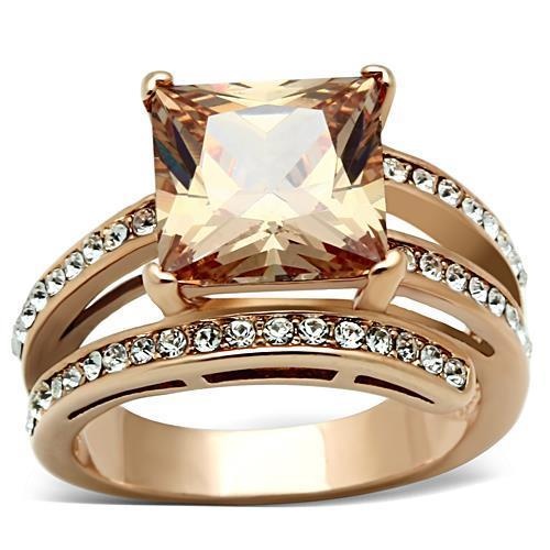 Tk1665 - Ip Rose Gold(Ion Plating) Stainless Steel Ring With Aaa Grade Cz In Champagne