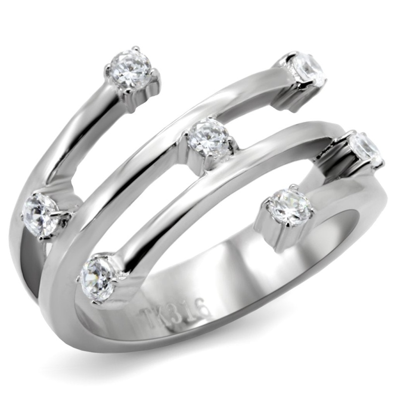 Tk173 - High Polished (No Plating) Stainless Steel Ring With Top Grade Crystal In Clear