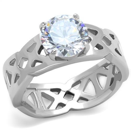 Tk1772 - High Polished (No Plating) Stainless Steel Ring With Aaa Grade Cz In Clear