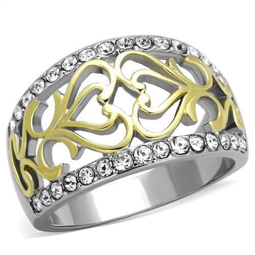 Tk1792 - Two-Tone Ip Gold (Ion Plating) Stainless Steel Ring With Top Grade Crystal In Clear