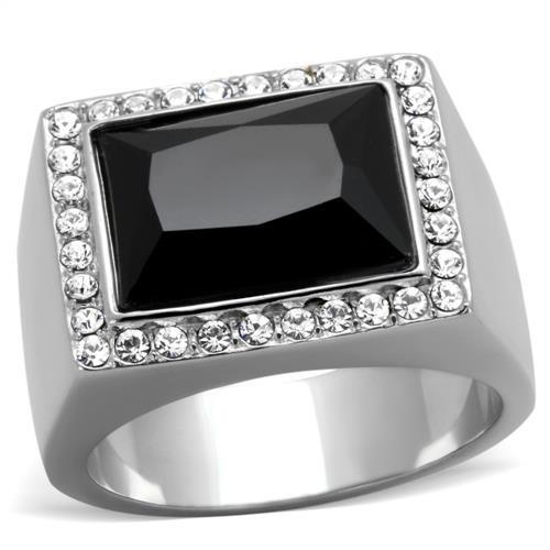 Tk1810 - High Polished (No Plating) Stainless Steel Ring With Synthetic Onyx In Jet