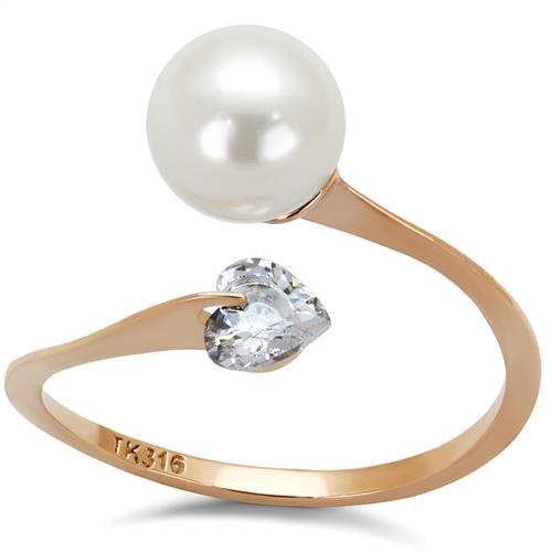 Tk1837 - Ip Rose Gold(Ion Plating) Stainless Steel Ring With Synthetic Pearl In White