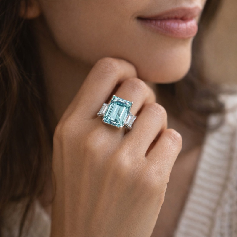 Tk1862 - High Polished (No Plating) Stainless Steel Ring With Top Grade Crystal In Sea Blue