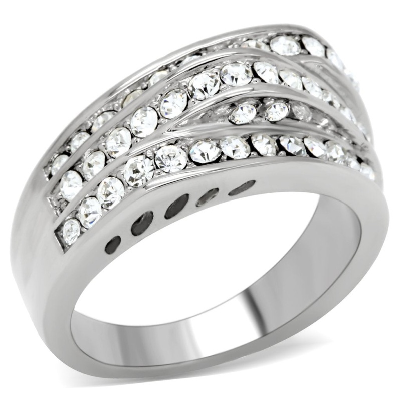 Tk188 - High Polished (No Plating) Stainless Steel Ring With Top Grade Crystal In Clear