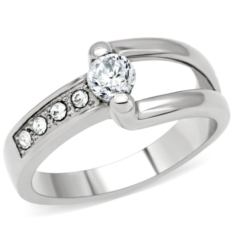 Tk190 - High Polished (No Plating) Stainless Steel Ring With Aaa Grade Cz In Clear