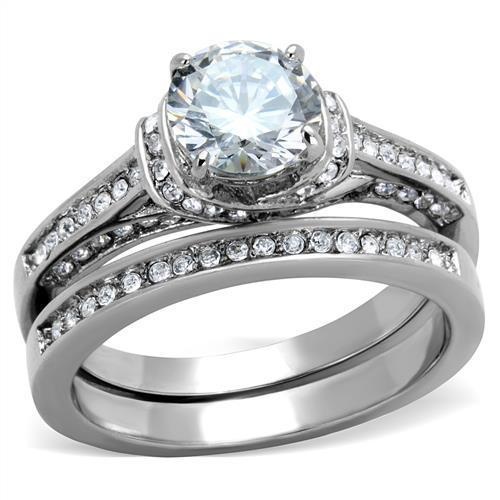 Tk1919 - High Polished (No Plating) Stainless Steel Ring With Aaa Grade Cz In Clear