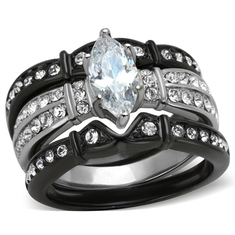 Tk1922 - Two-Tone Ip Black Stainless Steel Ring With Aaa Grade Cz In Clear