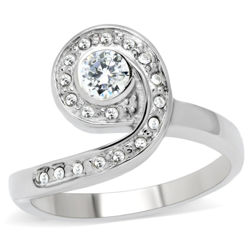 Tk195 - High Polished (No Plating) Stainless Steel Ring With Aaa Grade Cz In Clear