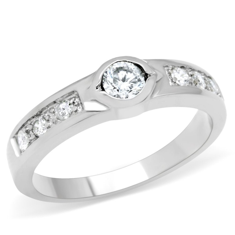 Tk200 - High Polished (No Plating) Stainless Steel Ring With Aaa Grade Cz In Clear