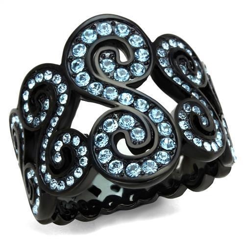 Tk2018 - Ip Black(Ion Plating) Stainless Steel Ring With Top Grade Crystal In Sea Blue