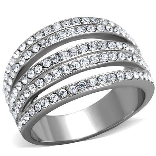 Tk2029 - High Polished (No Plating) Stainless Steel Ring With Top Grade Crystal In Clear