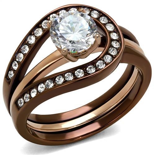 Tk2032lc - Ip Rose Gold & Ip Light Coffee Stainless Steel Ring With Aaa Grade Cz In Clear