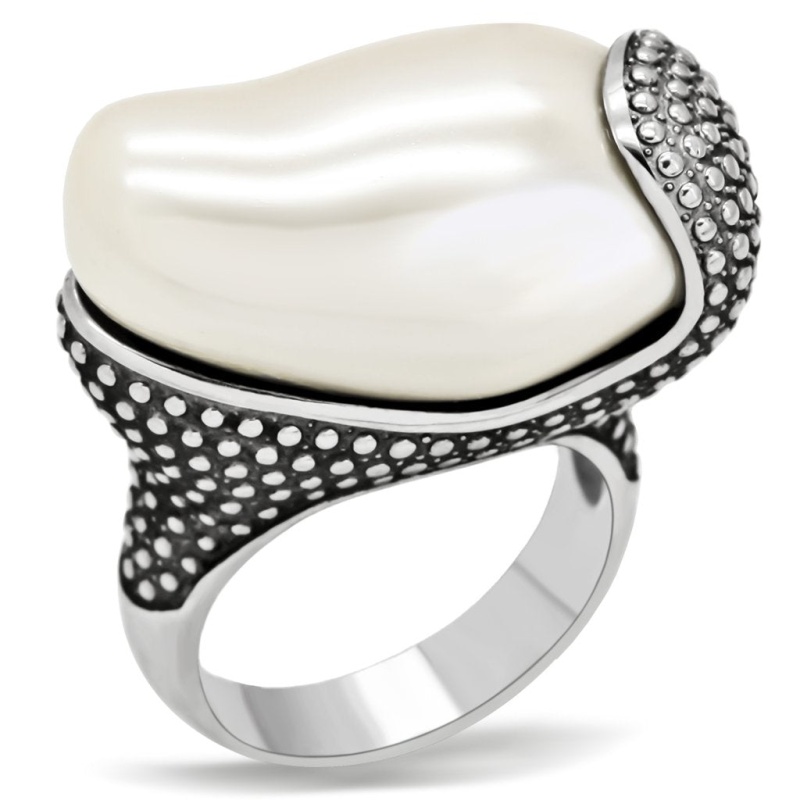 Tk212 - High Polished (No Plating) Stainless Steel Ring With Synthetic Synthetic Stone In White