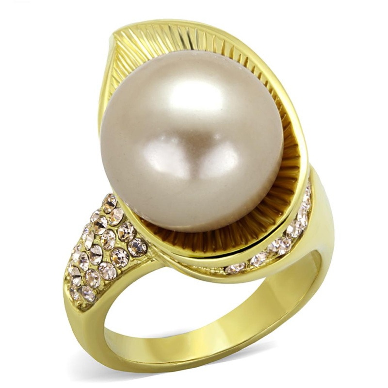Tk2131 - Ip Gold(Ion Plating) Stainless Steel Ring With Synthetic Pearl In Champagne