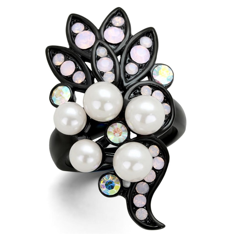 Tk2138 - Ip Black(Ion Plating) Stainless Steel Ring With Synthetic Pearl In Light Rose