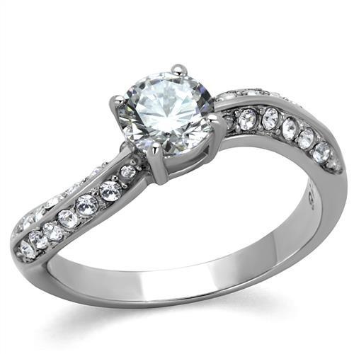 Tk2171 - High Polished (No Plating) Stainless Steel Ring With Aaa Grade Cz In Clear
