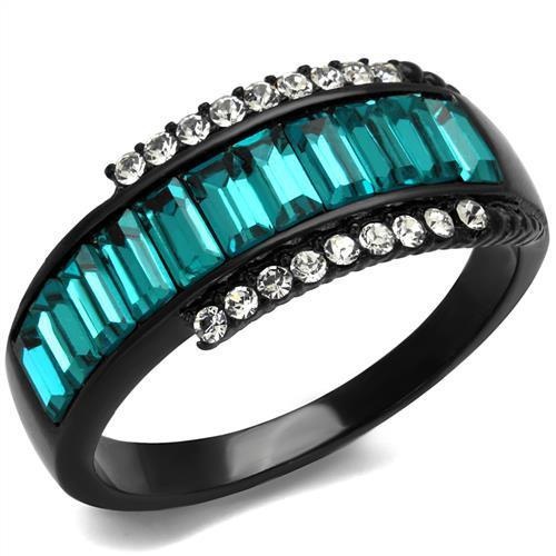 Tk2190 - Ip Black(Ion Plating) Stainless Steel Ring With Top Grade Crystal In Blue Zircon