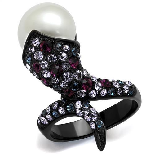 Tk2203 - Ip Black(Ion Plating) Stainless Steel Ring With Synthetic Pearl In White