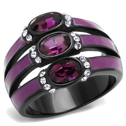 Tk2213 - Ip Black(Ion Plating) Stainless Steel Ring With Top Grade Crystal In Amethyst