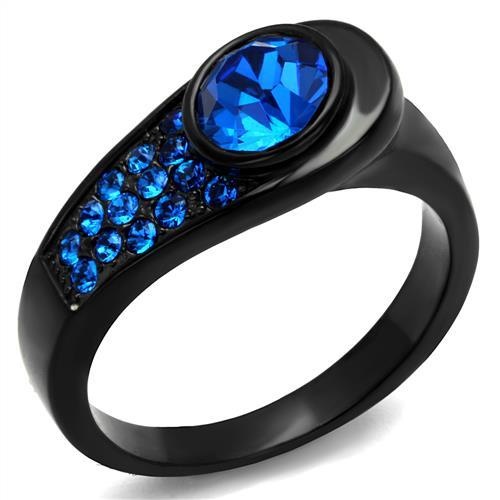 Tk2279 - Ip Black(Ion Plating) Stainless Steel Ring With Top Grade Crystal In Capri Blue