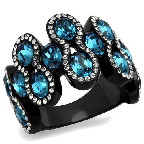 IP Black Stainless Steel Ring with Aquamarine Crystal