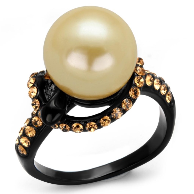 Tk2349 - Ip Black(Ion Plating) Stainless Steel Ring With Synthetic Pearl In Topaz