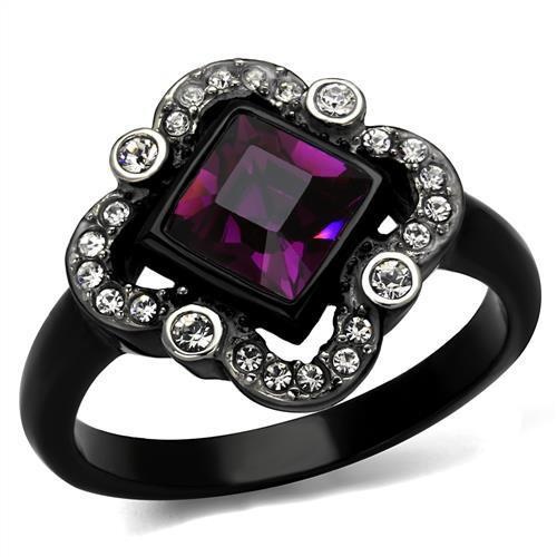 Tk2489 - Two-Tone Ip Black Stainless Steel Ring With Top Grade Crystal In Fuchsia