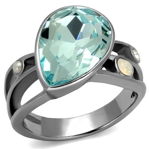 Tk2502 - High Polished (No Plating) Stainless Steel Ring With Top Grade Crystal In Sea Blue