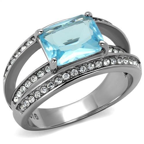 Tk2608 - No Plating Stainless Steel Ring With Synthetic Synthetic Glass In Sea Blue