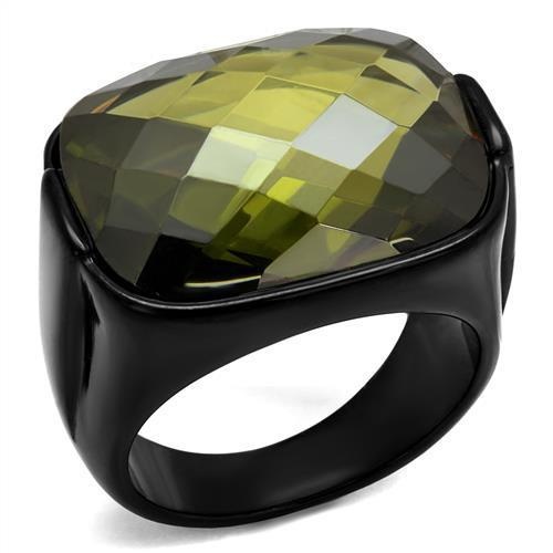 Tk2639 - Ip Black(Ion Plating) Stainless Steel Ring With Aaa Grade Cz In Olivine Color