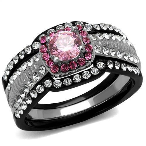 Tk2651 - Two-Tone Ip Black (Ion Plating) Stainless Steel Ring With Aaa Grade Cz In Light Rose