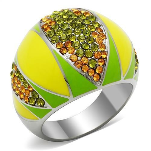 Tk266 - High Polished (No Plating) Stainless Steel Ring With Top Grade Crystal In Multi Color