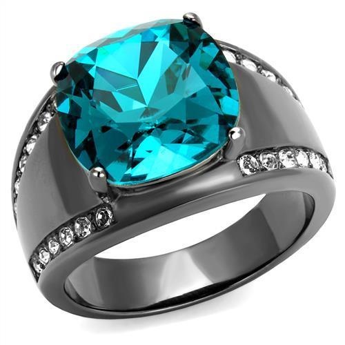 Tk2678 - Ip Light Black (Ip Gun) Stainless Steel Ring With Top Grade Crystal In Blue Zircon