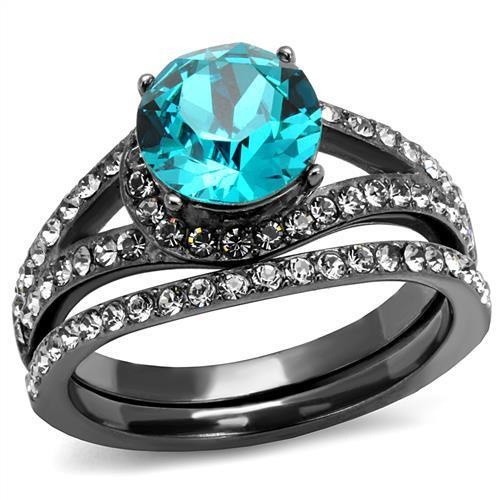 Tk2744 - Ip Light Black (Ip Gun) Stainless Steel Ring With Top Grade Crystal In Blue Zircon