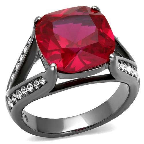Tk2760 - Ip Light Black (Ip Gun) Stainless Steel Ring With Synthetic Corundum In Ruby