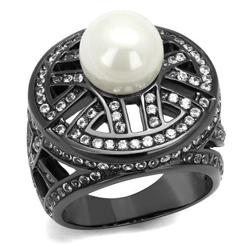 Tk2771 - Ip Light Black (Ip Gun) Stainless Steel Ring With Synthetic Pearl In White
