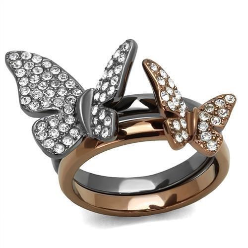 Tk2806 - Ip Light Black & Ip Light Coffee Stainless Steel Ring With Top Grade Crystal In Clear