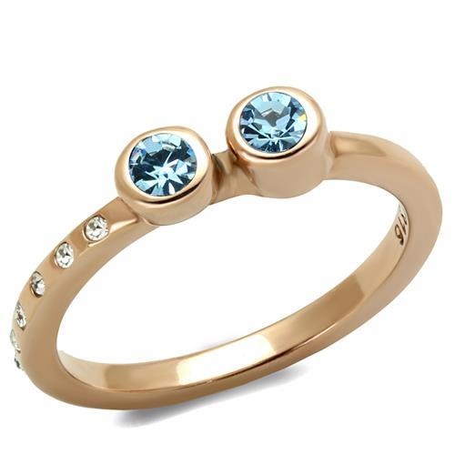 Tk2807 - Ip Rose Gold(Ion Plating) Stainless Steel Ring With Top Grade Crystal In Sea Blue