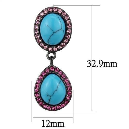 Ip Light Black (Ip Gun) Stainless Steel Earrings With Synthetic Turquoise In Sea Blue