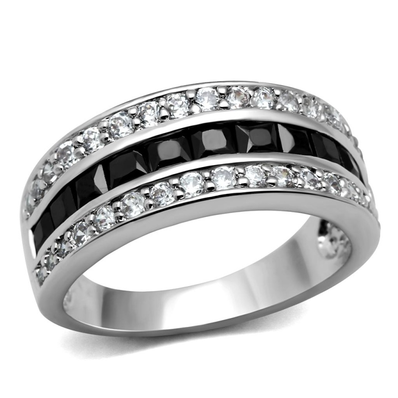 Tk2872 - High Polished (No Plating) Stainless Steel Ring With Aaa Grade Cz In Black Diamond