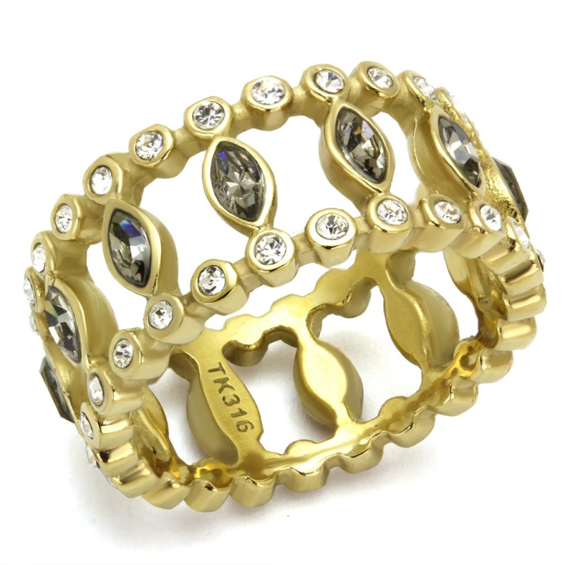 Tk2907 - Ip Gold(Ion Plating) Stainless Steel Ring With Top Grade Crystal In Black Diamond