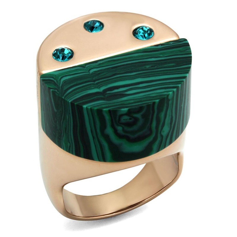 Tk2986 - Ip Rose Gold(Ion Plating) Stainless Steel Ring With Synthetic Malachite In Emerald