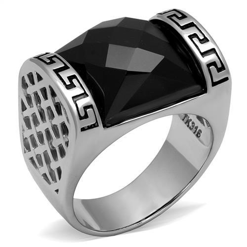 Tk3016 - High Polished (No Plating) Stainless Steel Ring With Synthetic Onyx In Jet