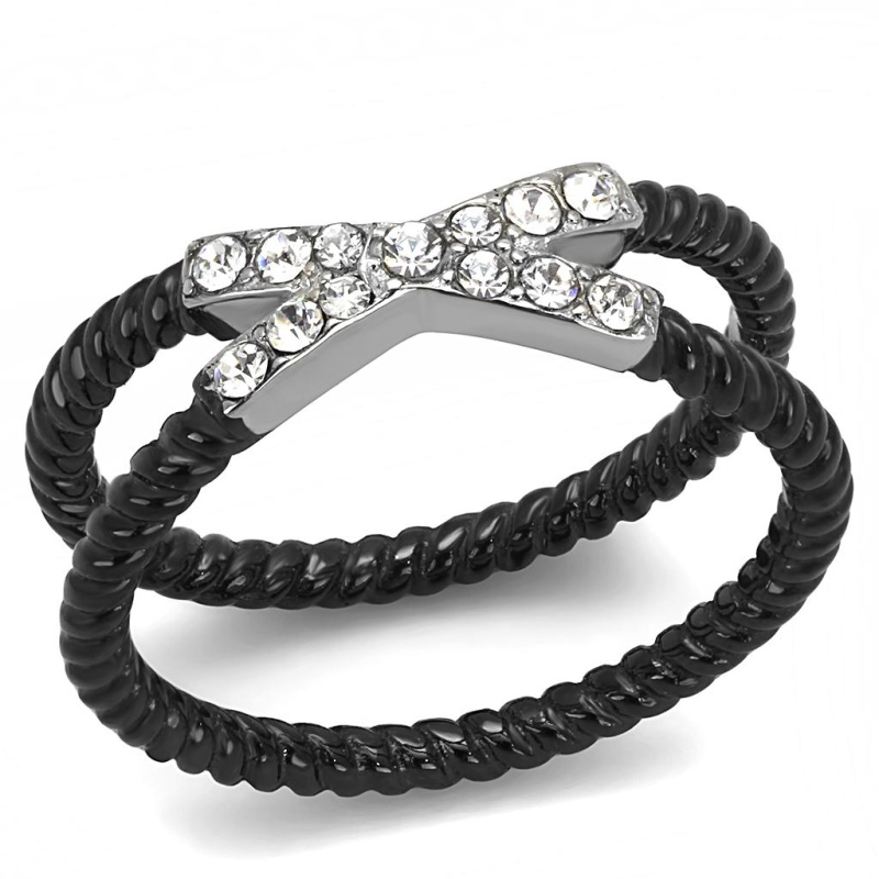 Tk3053 - Two-Tone Ip Black (Ion Plating) Stainless Steel Ring With Top Grade Crystal In Clear