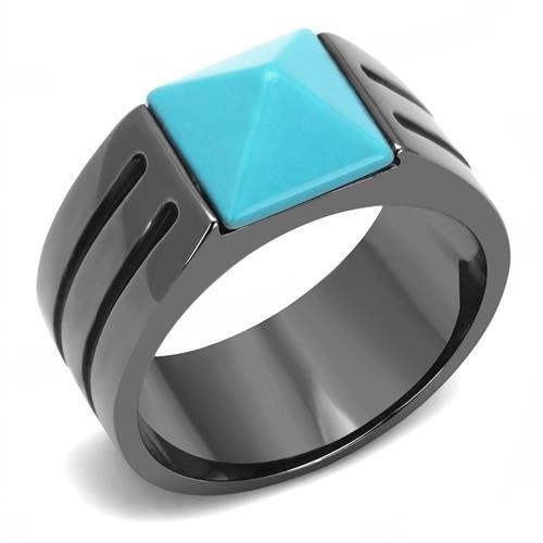 Tk3074 - Ip Light Black (Ip Gun) Stainless Steel Ring With Synthetic Turquoise In Sea Blue