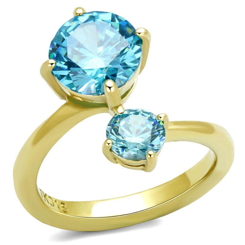 Tk3092 - Ip Gold(Ion Plating) Stainless Steel Ring With Aaa Grade Cz In Sea Blue