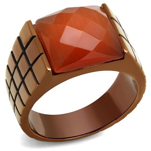 Tk3114 - Ip Coffee Light Stainless Steel Ring With Semi-Precious Cat Eye In Orange