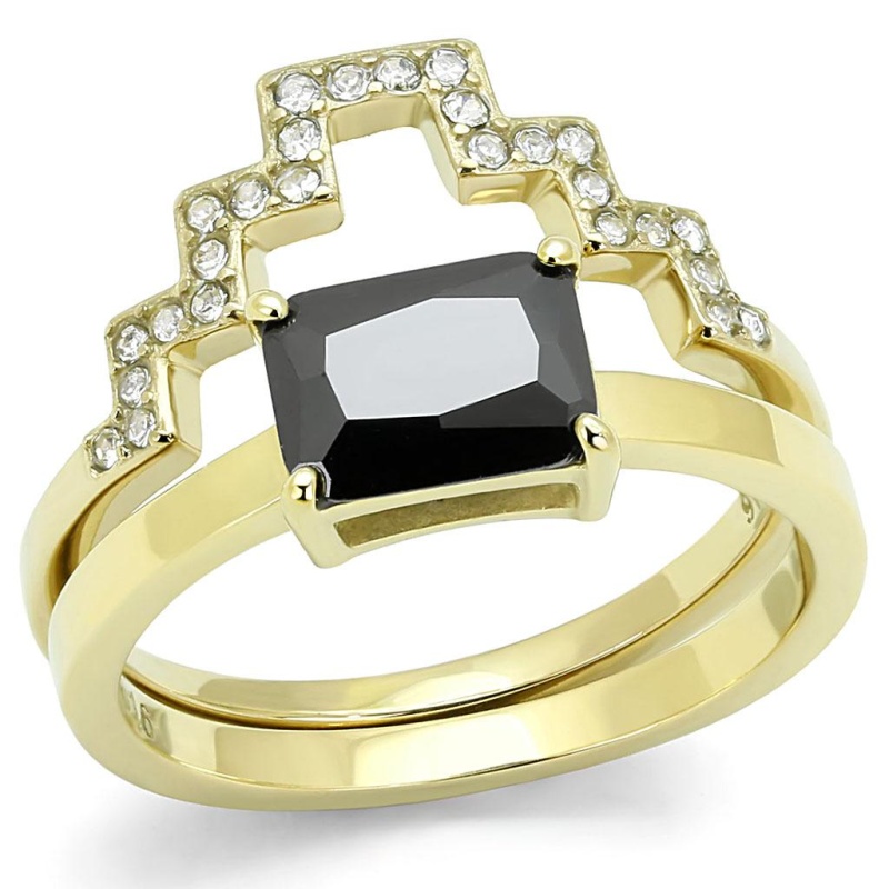 Tk3127 - Ip Gold(Ion Plating) Stainless Steel Ring With Aaa Grade Cz In Black Diamond